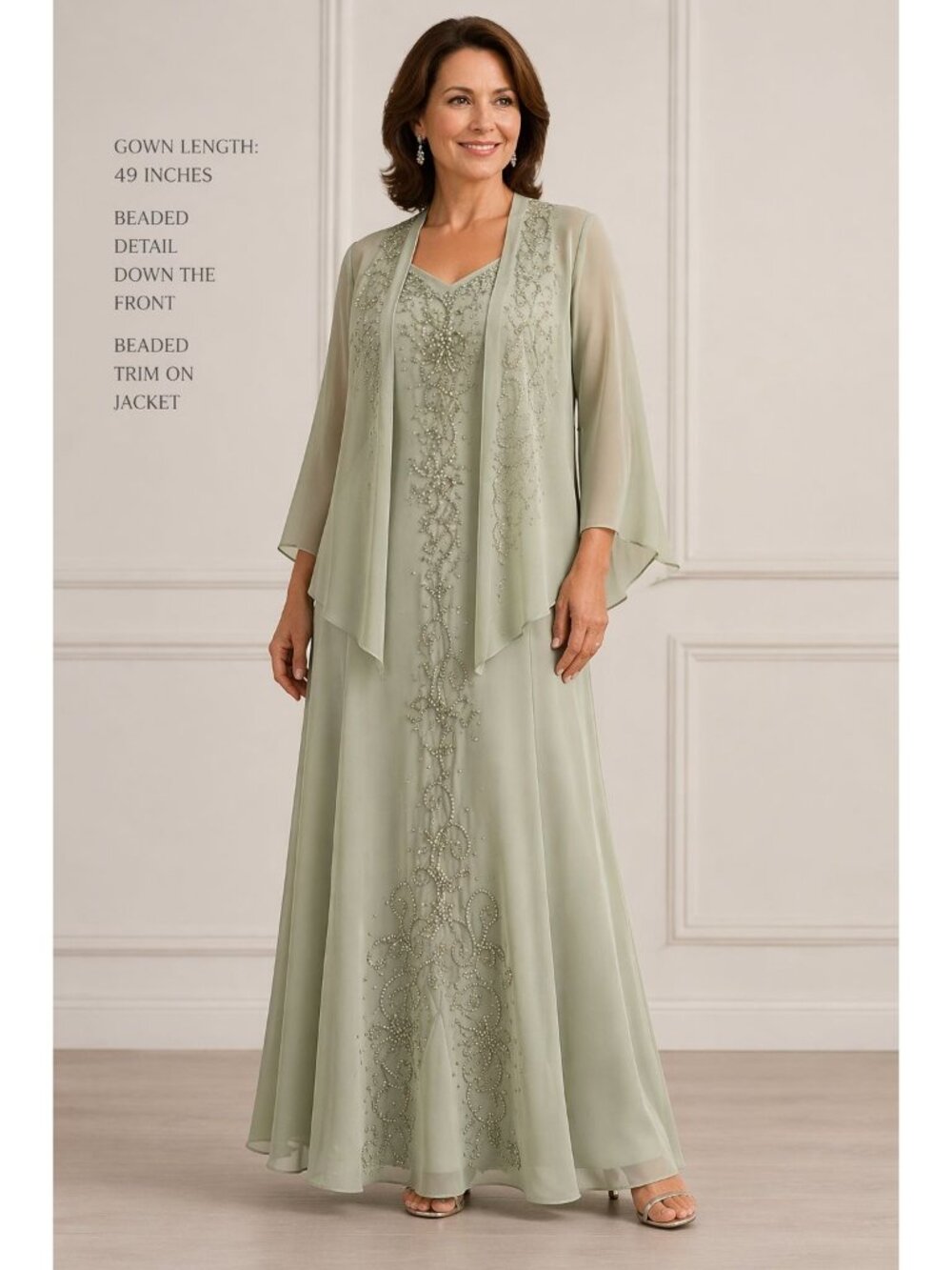 R&M Richards Size 16 Light Sage Green Embellished Sleeveless Dress Jacket